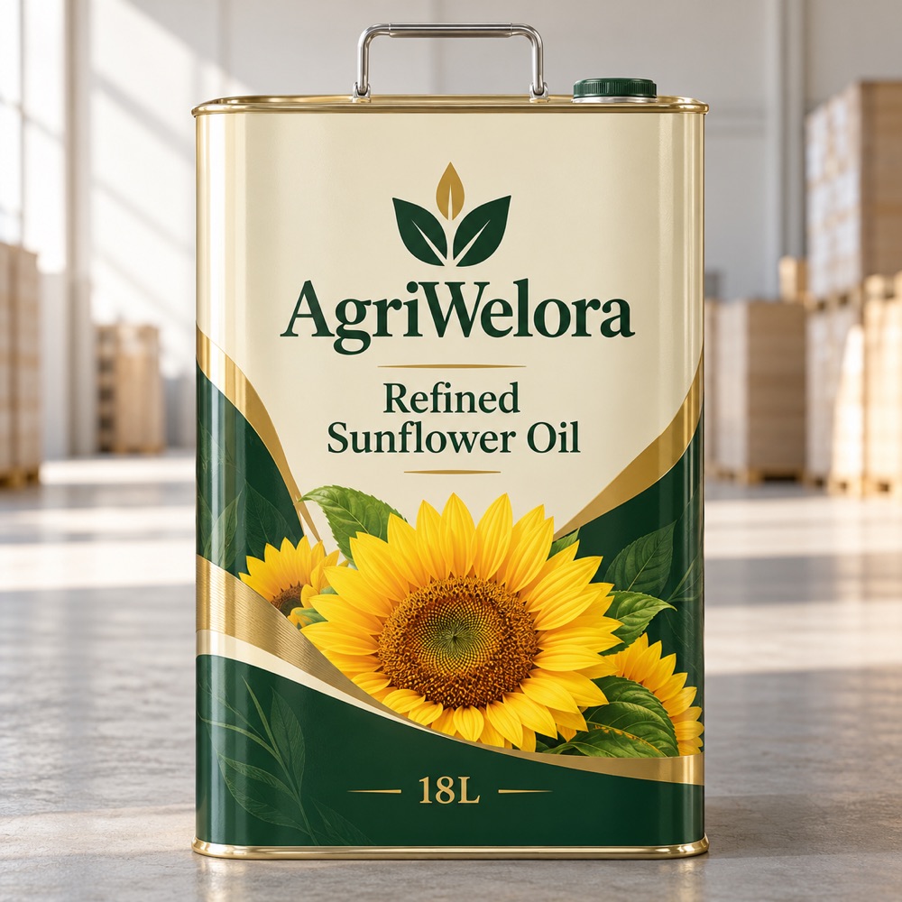 Refined Sunflower Oil 18L Tin — AgriWelora illustrative packaging or ingredient concept